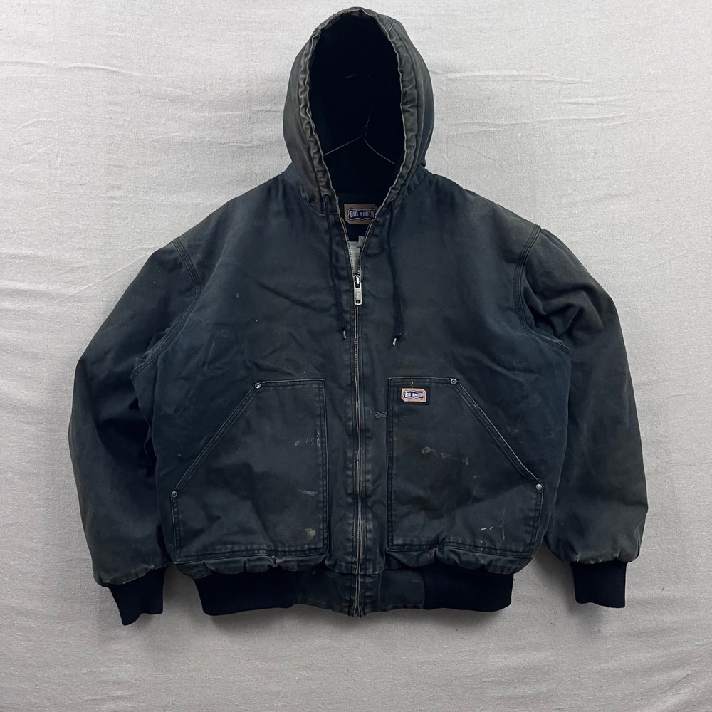 Big Smith Hooded Work Jacket XL Black Distressed Canvas Quilted Lined Bomber